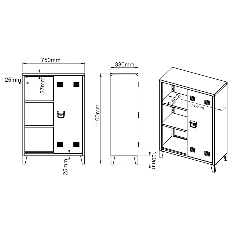 Croquis coté Casier de bureau métallique Oripää à 2 portes 110 x 75 x 33 cm blanc [en.casa]