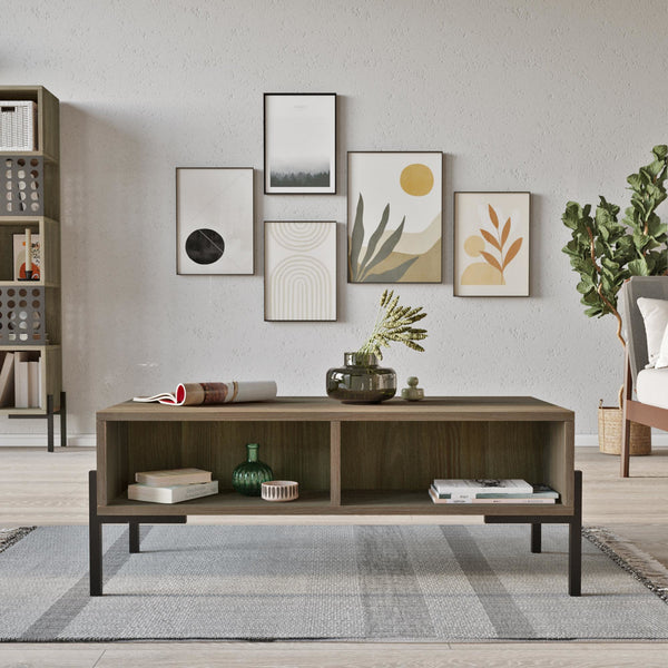 Table basse Lemland avec 3 compartiments de rangement 94 x 44,5 x 35,5 cm chêne gris [en.casa]