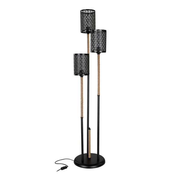 Lampadaire Exeter en métal et corde de jute hauteur 140 cm 3 x E27 noir / naturel [lux.pro]
