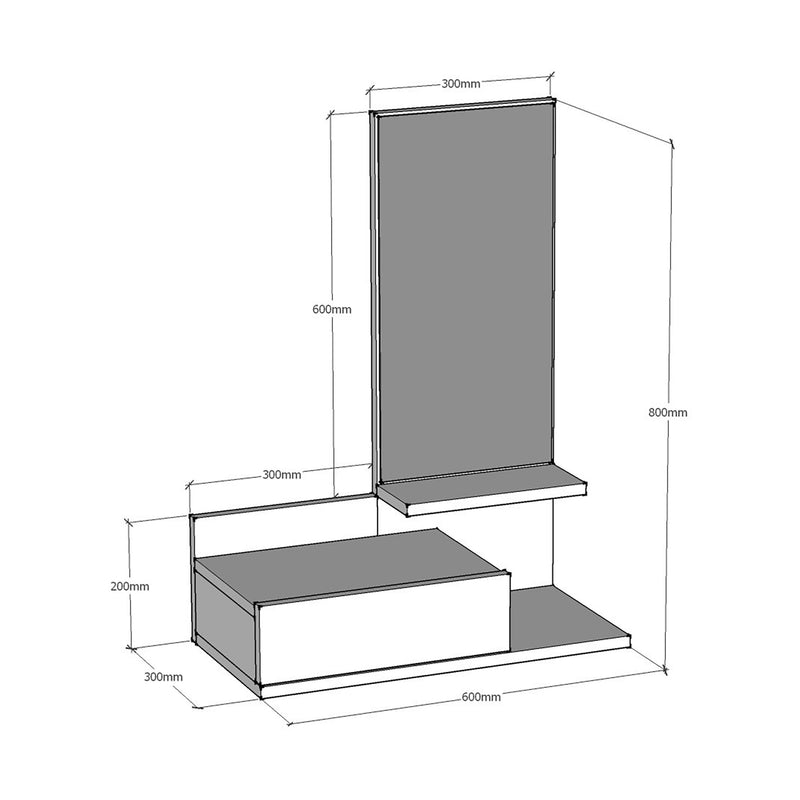 Croquis coté Étagère murale Gundsø pour entrée avec tiroir et miroir blanc [en.casa]