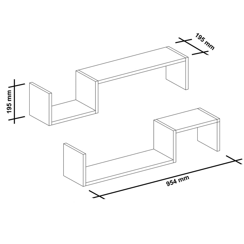 Croquis coté Lot de 2 étagères murales Gram pour entrée 19,5 x 95,4 x 19,5 cm blanc [en.casa]