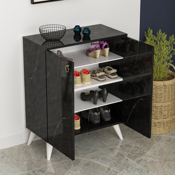 Meuble à chaussures Gjern à 4 niveaux avec 2 portes 91 x 72 x 37 cm marbre noir / blanc [en.casa]