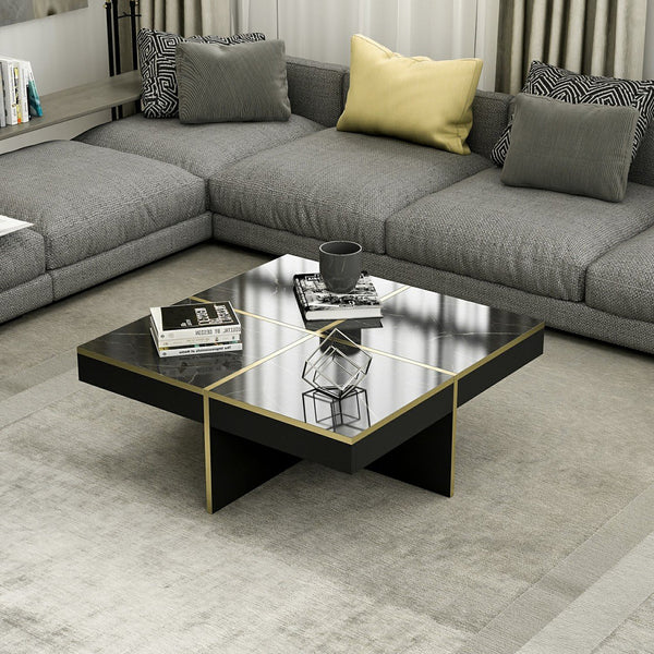 Table basse carrée Fjerritslev 35 x 90 x 90 cm marbre noir / laiton [en.casa]