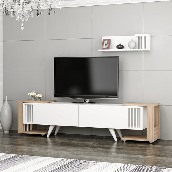Table TV avec étagère et 2 tables d'appoint Glostrup aspect chêne / blanc [en.casa]