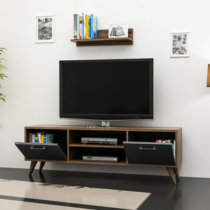 Table TV avec étagère murale Haderslev aspect noyer / anthracite [en.casa]