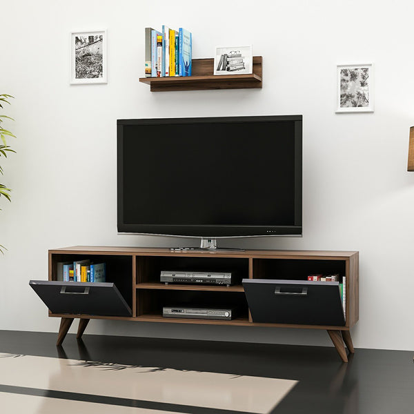 Table TV avec étagère murale Haderslev aspect noyer / anthracite [en.casa]