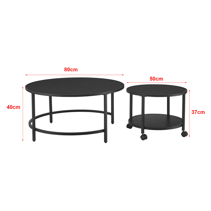 Croquis coté Lot de 2 tables basses Værøy rondes gigognes à roulettes et espace de rangement noir [en.casa]