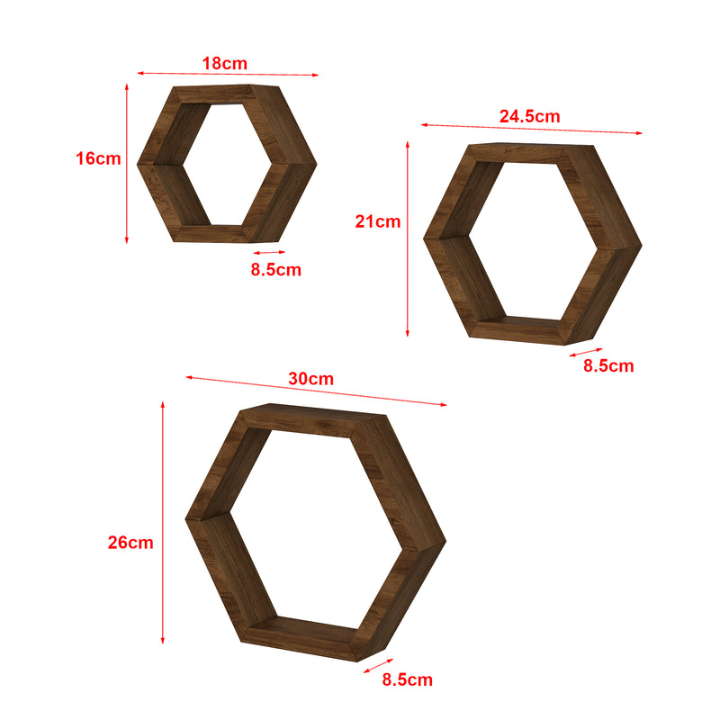 Croquis coté Set de 3 étagères murales Stubbekøbing tailles diférentes nid d'abeille pin bois foncé [en.casa]