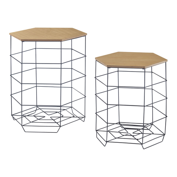 Ensemble de tables d'appoint Hørsholm Lot de 2 paniers en métal noir / couleur bois [en.casa]