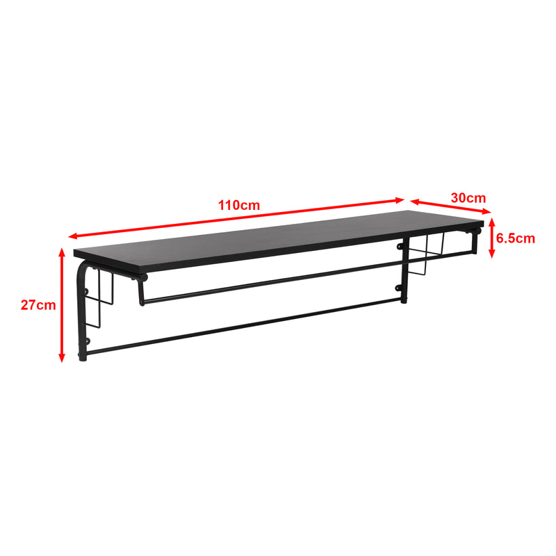Croquis coté Portemanteau Ølstykke mural avec étagère de rangement 110 x 30 x 27 cm noir [en.casa]