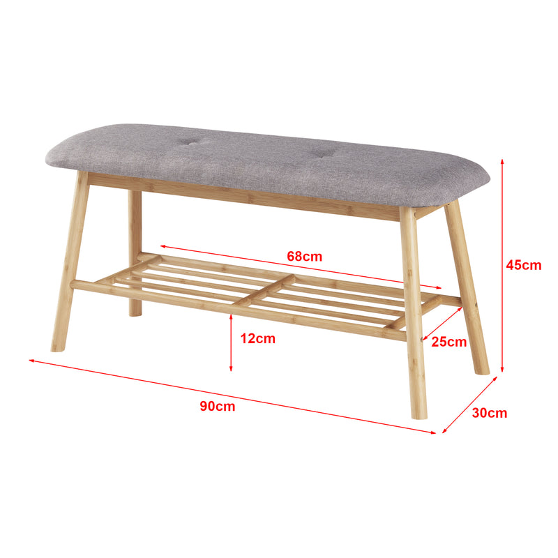 Croquis coté Banc à chaussures Römnitz bambou 45 x 90 x 30 cm naturel gris [en.casa]