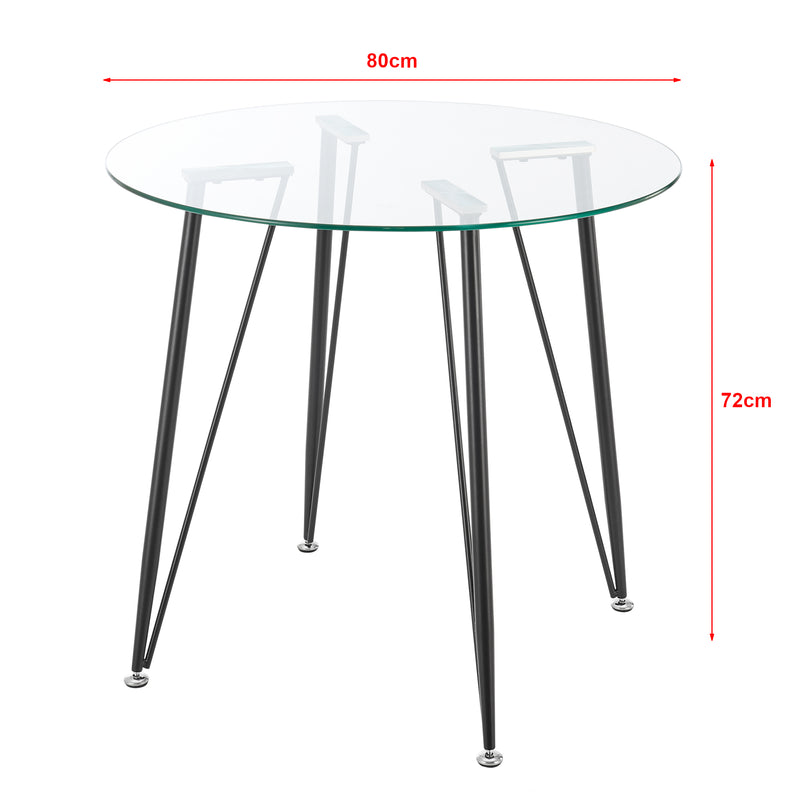 Croquis coté Table ronde pour salle à manger Huittinen verre trempé acier laqué 72 x 80 cm transparent noir [en.casa]
