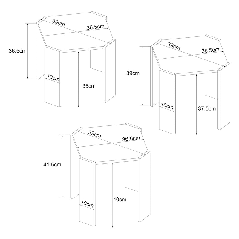 Croquis coté Ensemble de 3 tables basses gigognes Rantasalmi blanc effet chêne [en.casa]