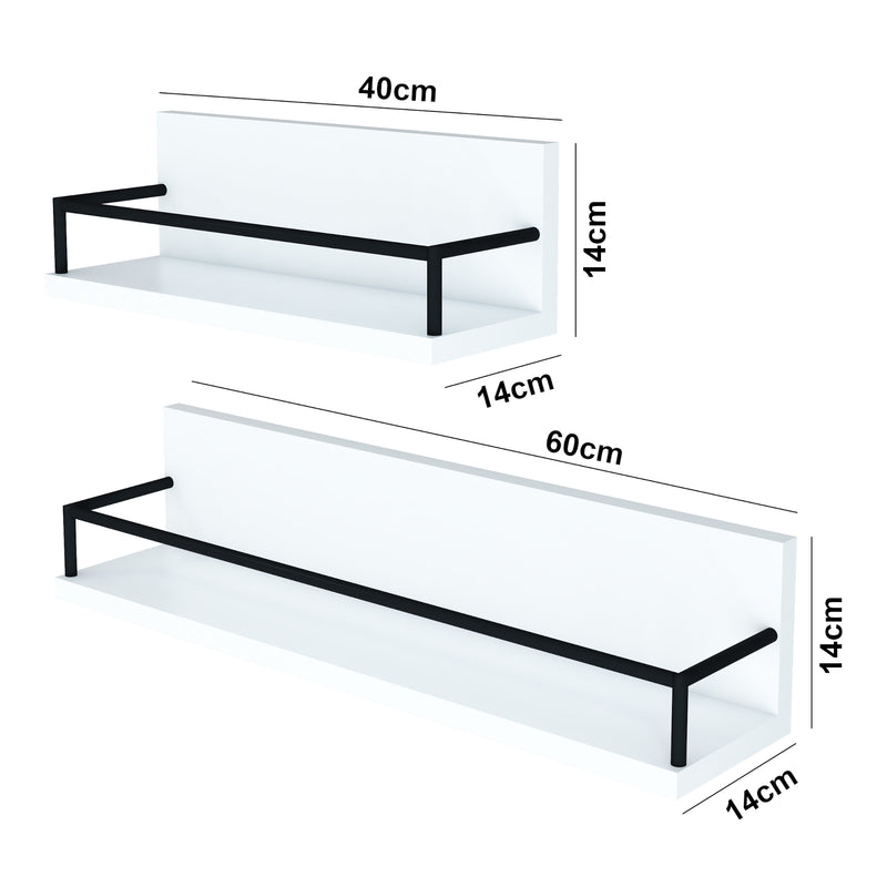 Croquis coté Lot de 2 étagères murales Grue de tailles différentes panneau de particules acier blanc noir [en.casa]