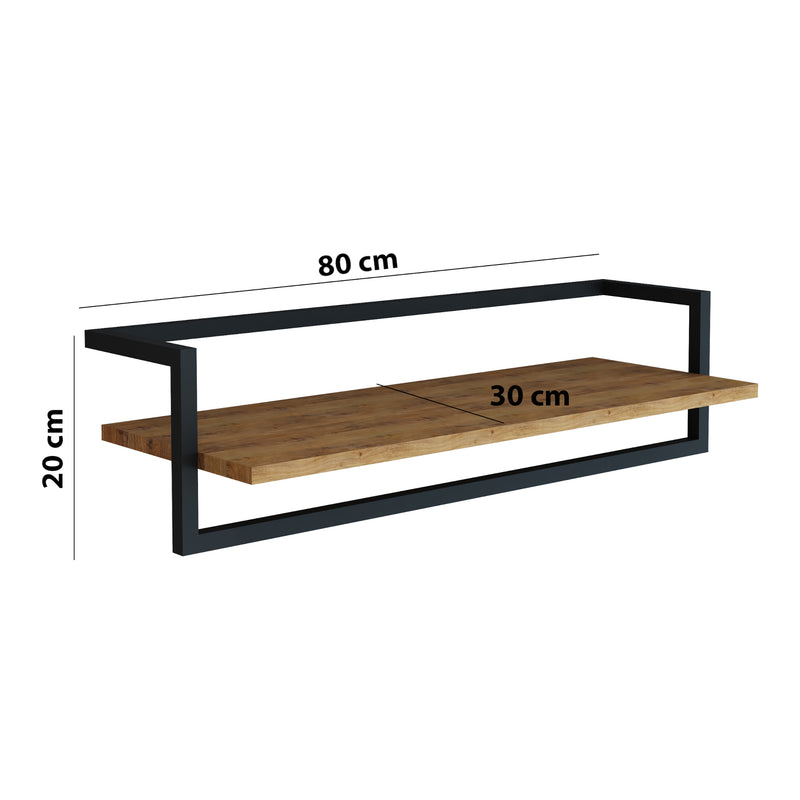 Croquis coté Portemanteau mural Evje avec barre de penderie et étagère panneau de particules acier 80 x 30 x 20 cm effet bois noir [en.casa]