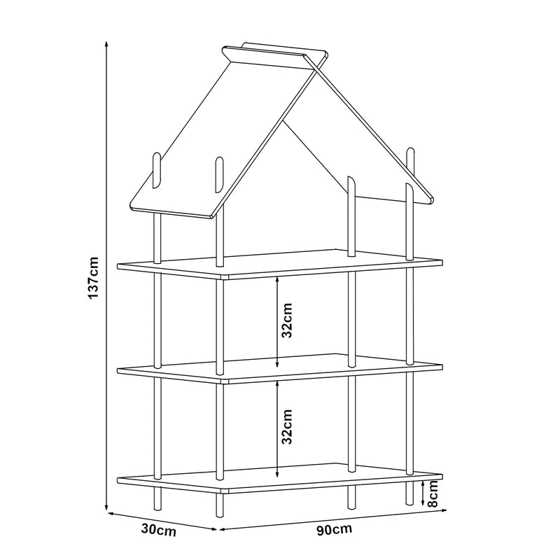 Croquis coté Bibliothèque à 3 niveaux pour enfant Hamarøy en forme de cabane bambou 137 x 90 x 30 cm naturel [en.casa]
