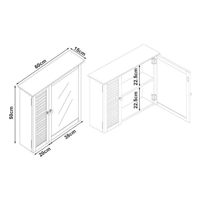 Croquis coté Armoire murale de salle de bain Karlsøy avec miroir MDF PVC effet rotin 50 x 60 x 15 cm blanc [en.casa]