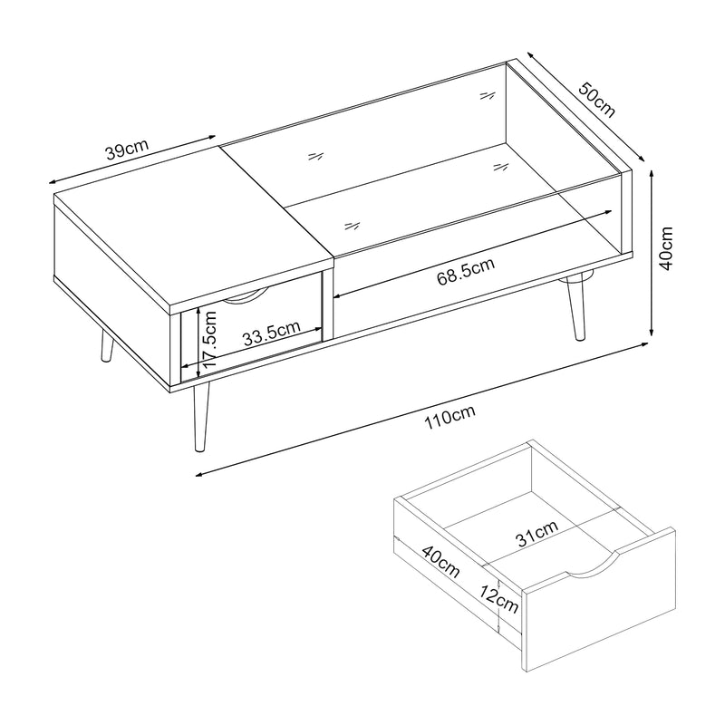 Croquis coté Table basse de salon Markaryd avec tiroir et étagère panneau de particules verre 110 x 50 x 40 cm effet noyer [en.casa]