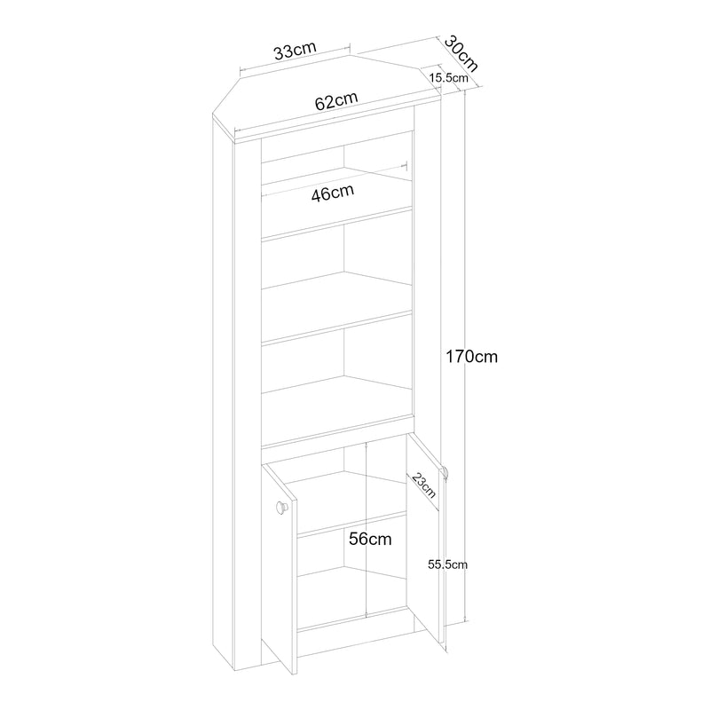 Croquis coté Armoire d'angle Eura avec 2 portes et 5 étagères panneau de particules 170 x 62 x 30 cm effet chêne [en.casa]