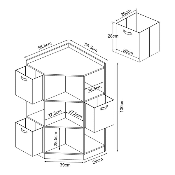 Étagère d'angle pour enfants Måsøy avec 9 compartiments ouvert et 3 boîtes de rangement 100 x 57 x 57 cm blanc rose bleu jaune [en.casa]
