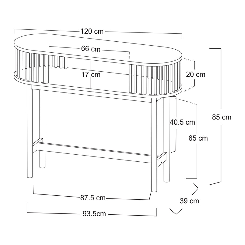 Croquis coté Table console Pomarkku avec étagère bambou 120 x 39 x 85 cm naturel [en.casa]
