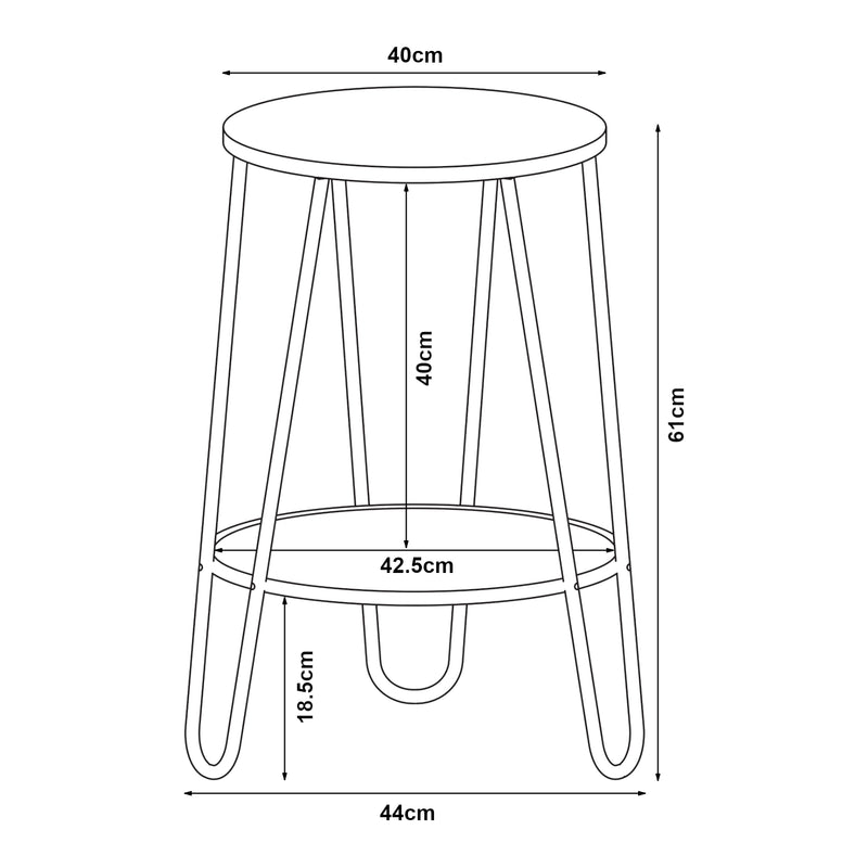 Croquis coté Table d'appoint Ylöjärvi avec étagère métal MDF 61 x 44 x 44 cm noir effet chêne [en.casa]