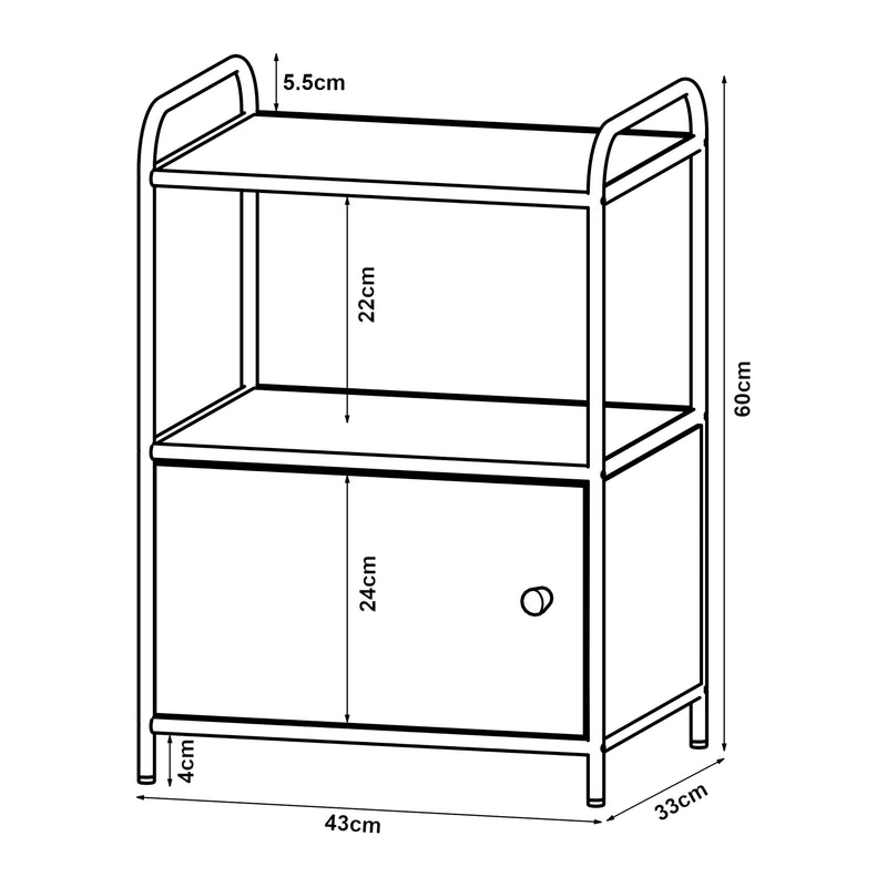 Croquis coté Table d'appoint Gulen avec porte d'armoire métal MDF 60 x 43 x 33 cm noir effet chêne [en.casa]