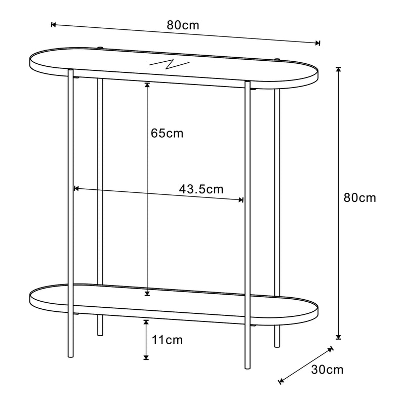 Croquis coté Table console Høyanger métal verre MDF 80 x 80 x 30 cm noir transparent effet chêne [en.casa]