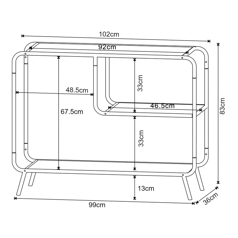 Croquis coté Table console Krødsherad avec 2 étagères métal MDF 83 x 102 x 36 cm noir effet chêne [en.casa]