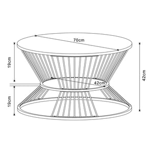 Table basse Fossbergom avec plateau rond et étagère métal MDF 42 x 70 cm noir effet chêne [en.casa]