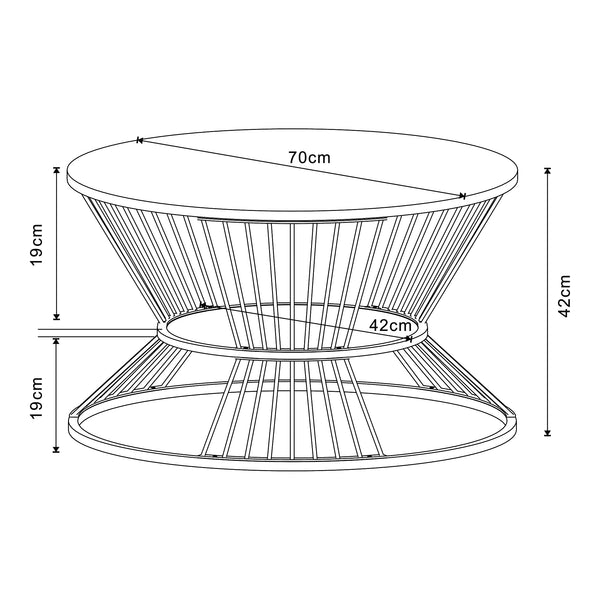 Table basse Fossbergom avec plateau rond et étagère métal MDF 42 x 70 cm noir effet chêne [en.casa]