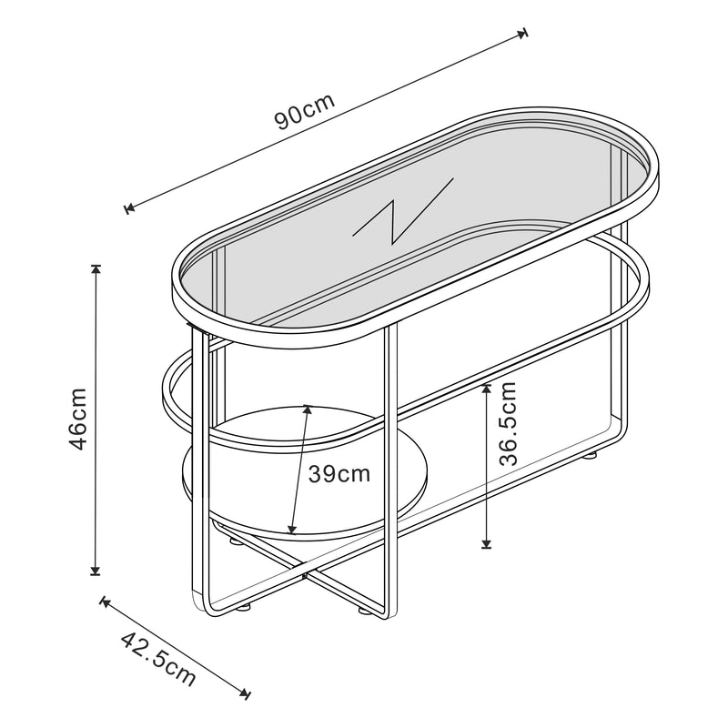 Croquis coté Table basse Kumla avec plateau ovale et étagère métal verre trempé 90 x 43 x 46 cm noir [en.casa]