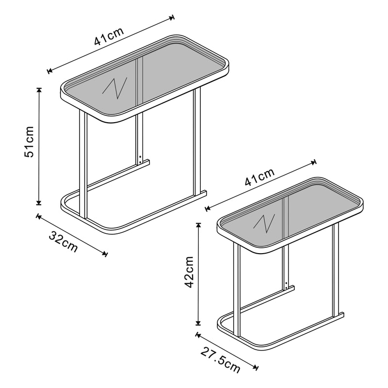 Croquis coté Set de 2 tables basses gigognes Laxå de tailles différentes verre trempé de 4 mm métal noir [en.casa]