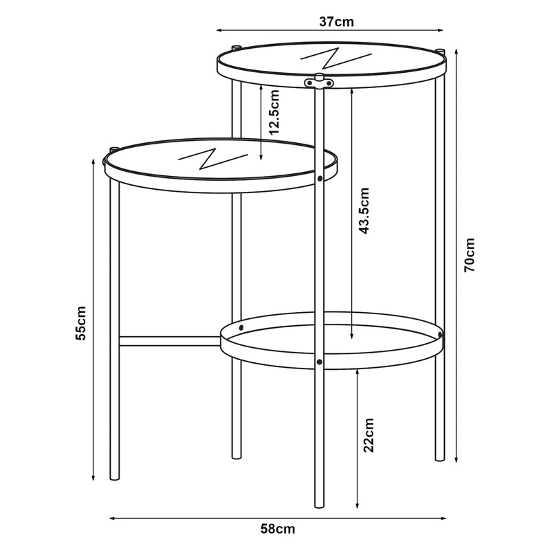 Croquis coté Table d'appoint Mölndal avec 3 plateaux métal 70 x 58 x 37 cm noir [en.casa]