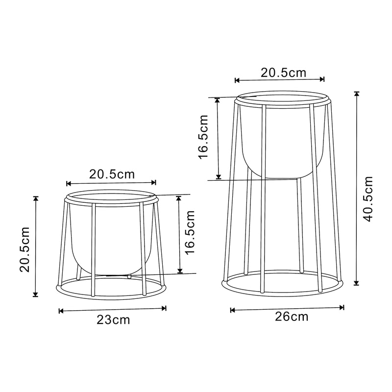 Croquis coté Set de 2 porte-plantes Nesseby de tailles variées avec cache-pots métal noir [en.casa]
