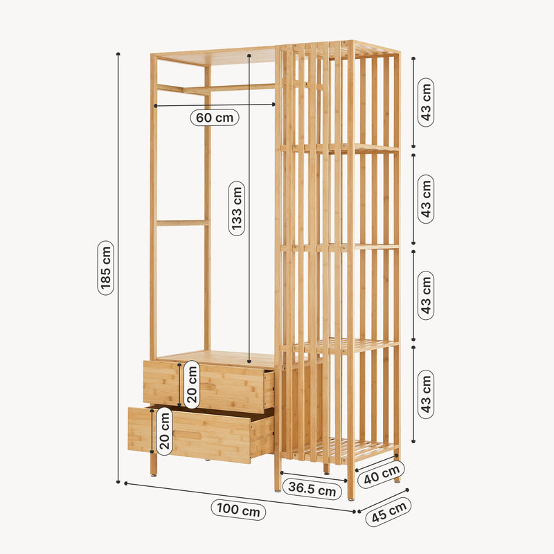 Croquis coté Portemanteau Varanger bambou 185 x 100 x 45 cm naturel [en.casa]