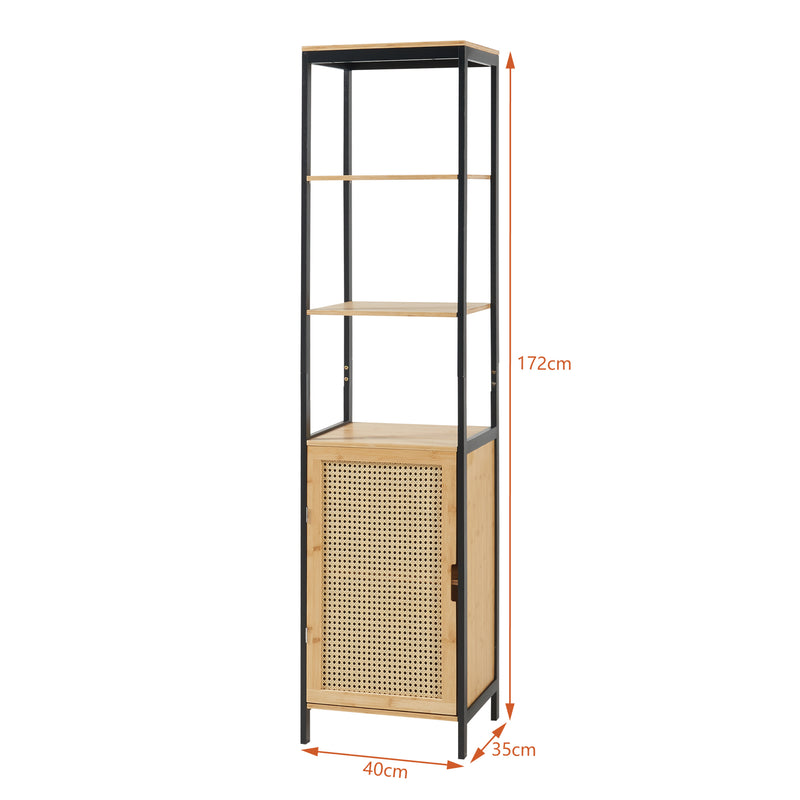 Croquis coté Meuble colonne de salle de bain Tervola MDF bambou rotin 172 x 40 x 35 cm noir naturel [en.casa]