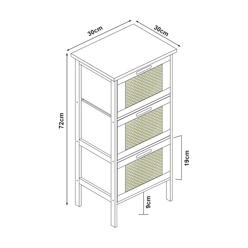 Croquis coté Commode Tervola avec 3 tiroirs 72 x 30 x 30 cm noir naturel effet rotin [en.casa]