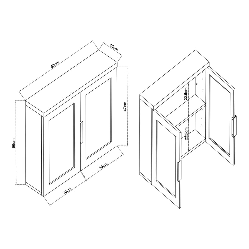 Croquis coté Armoire murale de salle de bain Namsskogan avec miroir 50 x 60 x 15 cm effet noyer noir [en.casa]