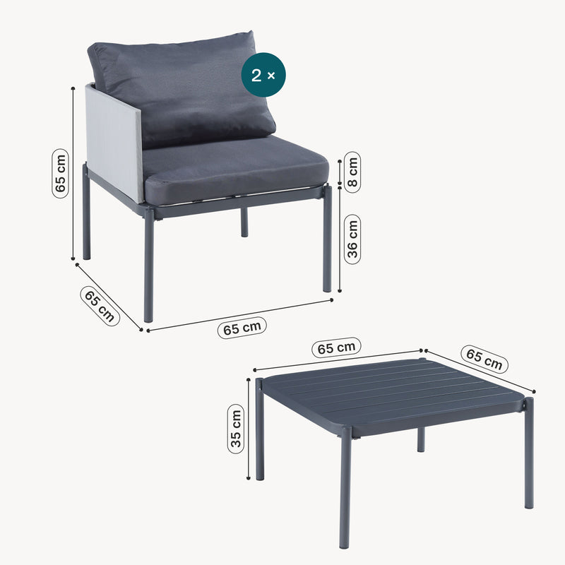 Croquis coté Ensemble de meubles de jardin 3 pièces Accettura gris casa.pro