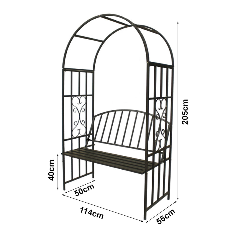 Croquis coté Arche à rosiers avec banc Barile acier 205 x 114 x 55 cm noir casa.pro