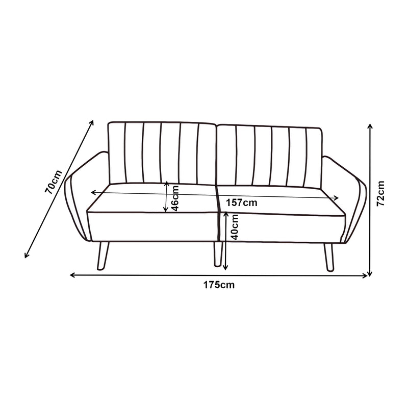 Croquis coté Canapé 2 places convertible Malå 175 x 70 x 72 cm gris [en.casa] 