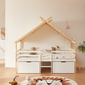 Lit maison Surnadal 90x200 cm Bois de pin Blanc/Nature [en.casa]