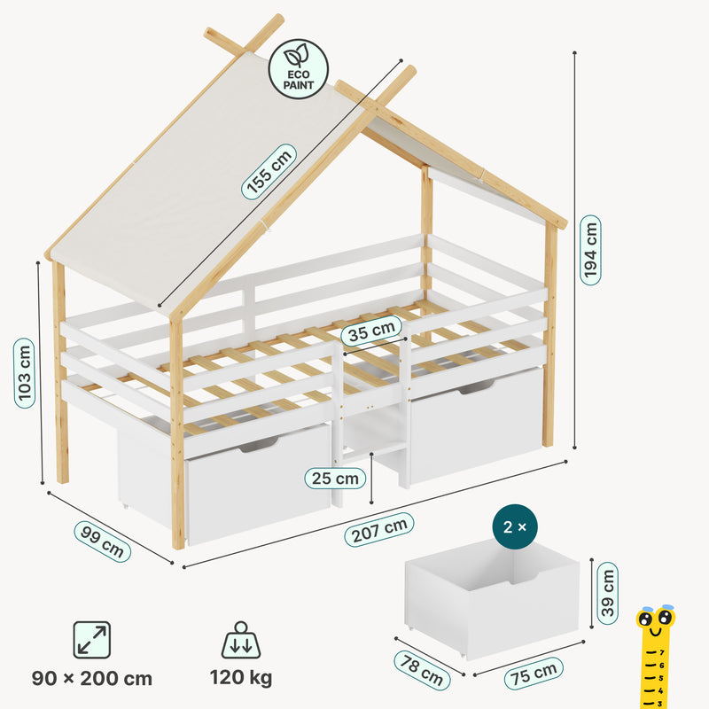 Croquis coté Lit cabane Surnadal bois de pin 90 x 200 cm blanc naturel [en.casa]