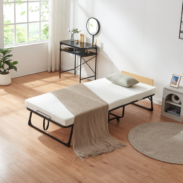 Lit pliant en métal Lustendi avec matelas 200x90cm Noir/effet chêne [en.casa]