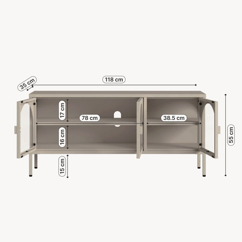 Croquis coté Buffet vitrine Klippestad acier verre 118 x 35 x 55 cm camel [en.casa]