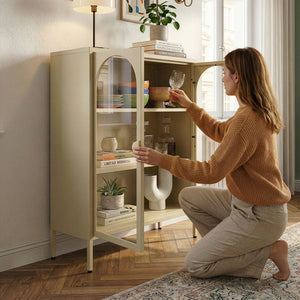 Buffet haut Klippestad acier verre trempé 95 x 80 x 35 cm camel [en.casa]