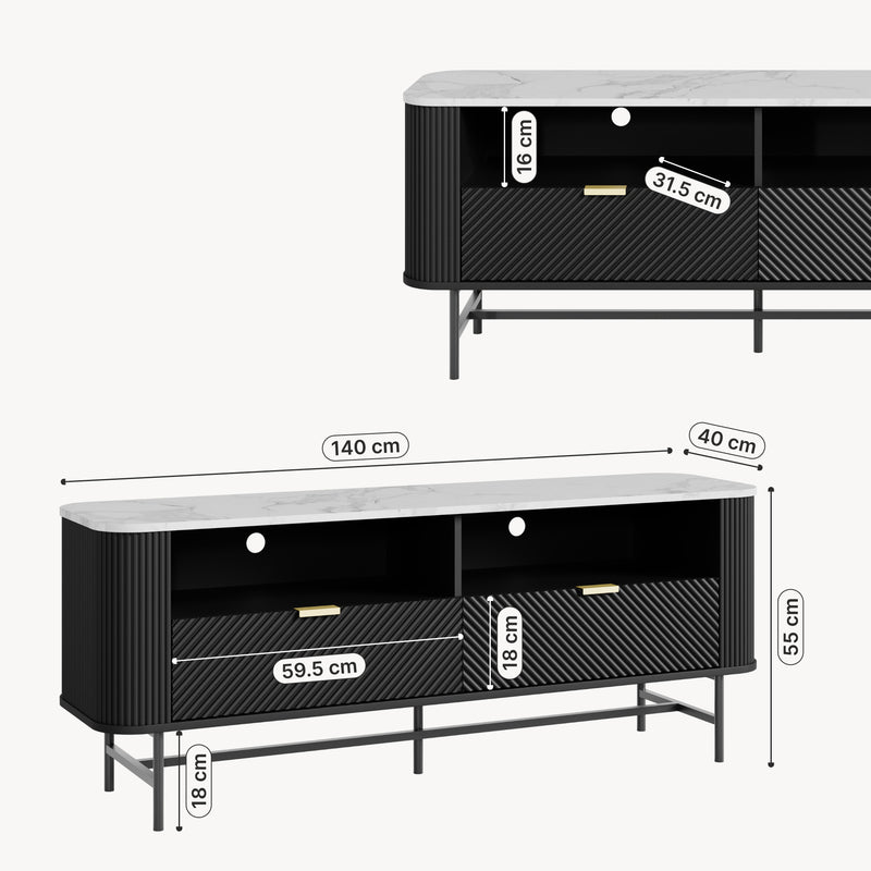 Croquis coté Meuble TV Olvehok 140 x 40 x 55 cm effet marbre blanc noir [en.casa]