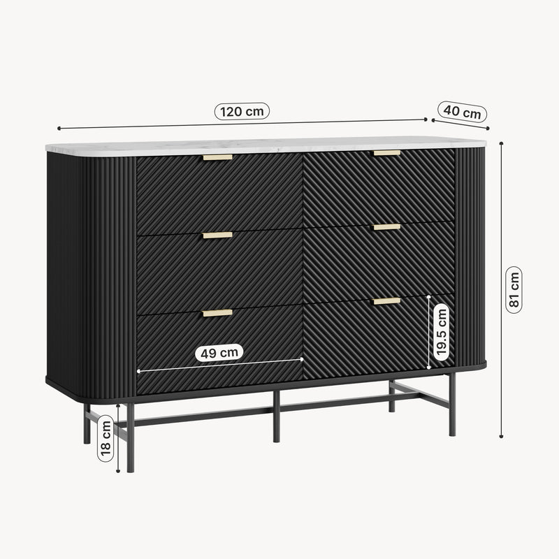 Croquis coté Commode Olvehok 81 x 120 x 40 cm effet marbre blanc noir [en.casa]