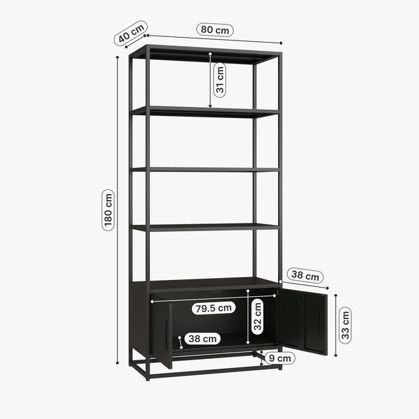 Bibliothèque avec armoire Hailuoto 80 x 40 x 180 cm acier noir mat [en.casa]